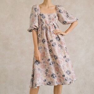 STORIA Feminine Romantic Pink Floral Square Neck Babydoll‎ Midi Dress SMALL EUC